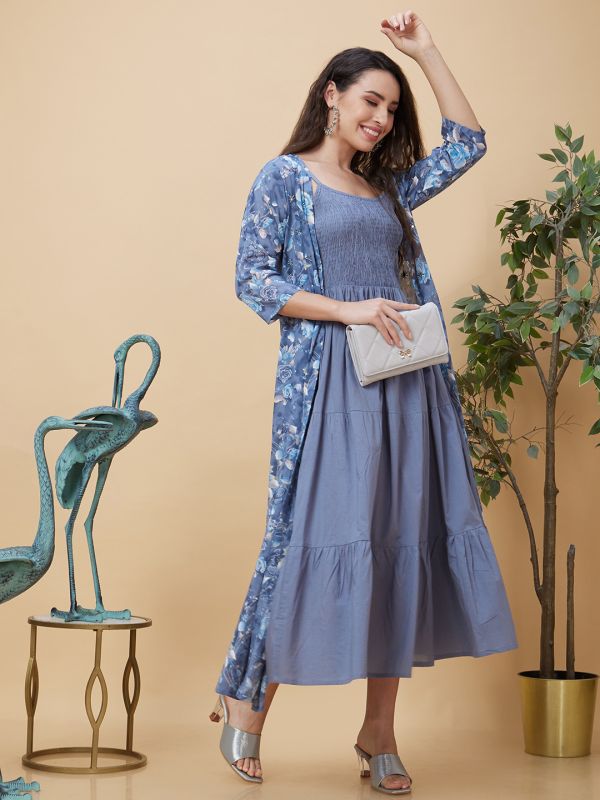 Globus Women Blue Smocked Strappy Round Neck Casual Maxi Fit And Flare Tiered Dress with Floral Print Shrug