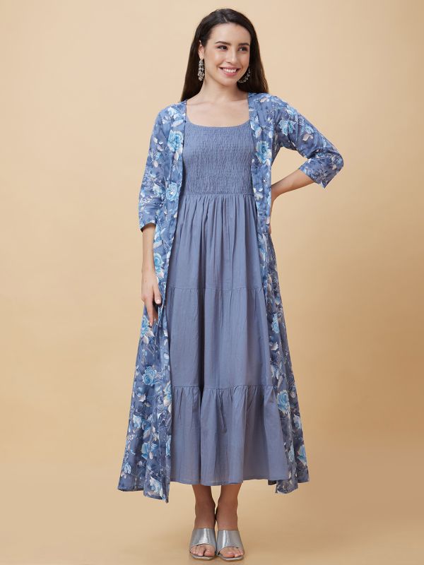Globus Women Blue Smocked Strappy Round Neck Casual Maxi Fit And Flare Tiered Dress with Floral Print Shrug