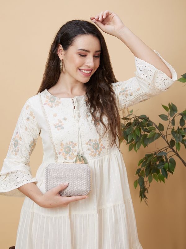 Globus Women Off-White Floral Embroidered Round Tie-Up Neck Casual A-Line Tiered Dress