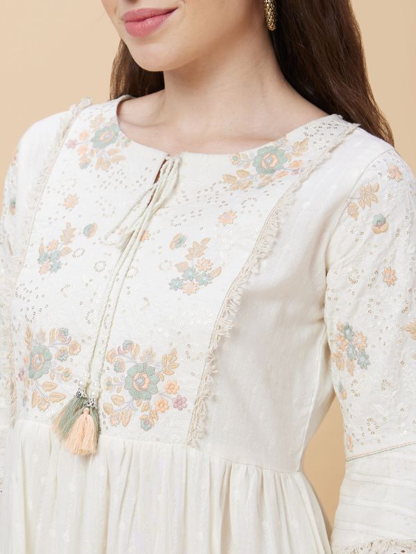 Globus Women Off-White Floral Embroidered Round Tie-Up Neck Casual A-Line Tiered Dress
