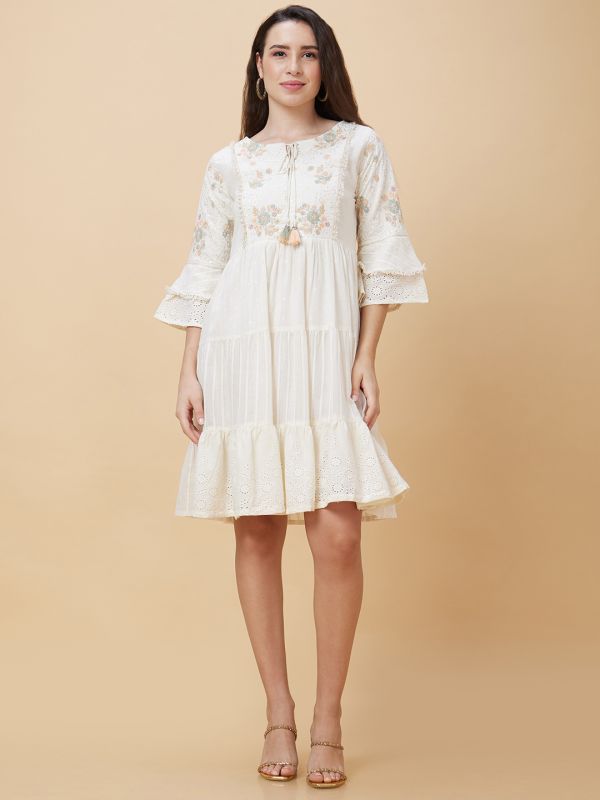 Globus Women Off-White Floral Embroidered Round Tie-Up Neck Casual A-Line Tiered Dress