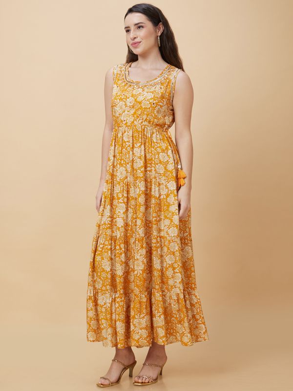 Globus Women Mustard Floral Print Round Neck Sleeveless Casual Maxi A-Line Tiered Dress with Dori And Tassel Detail