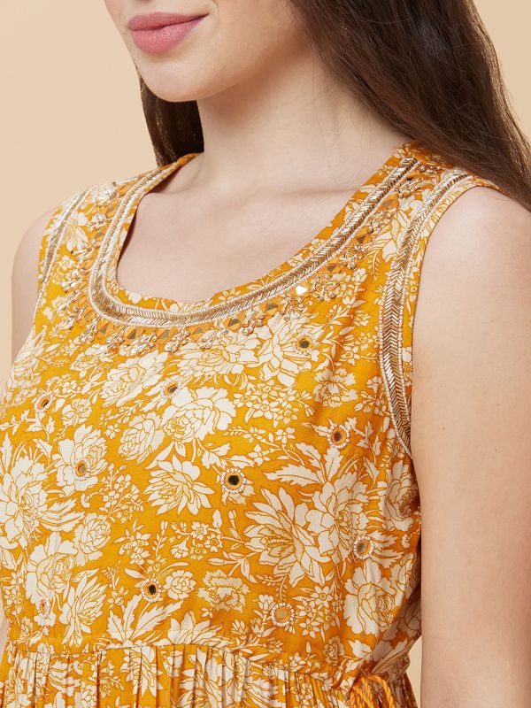 Globus Women Mustard Floral Print Round Neck Sleeveless Casual Maxi A-Line Tiered Dress with Dori And Tassel Detail