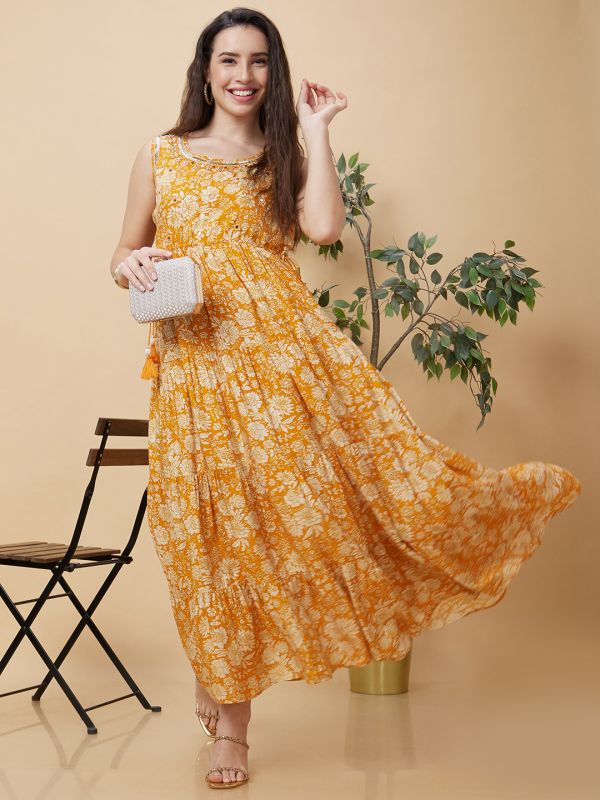 Globus Women Mustard Floral Print Round Neck Sleeveless Casual Maxi A-Line Tiered Dress with Dori And Tassel Detail