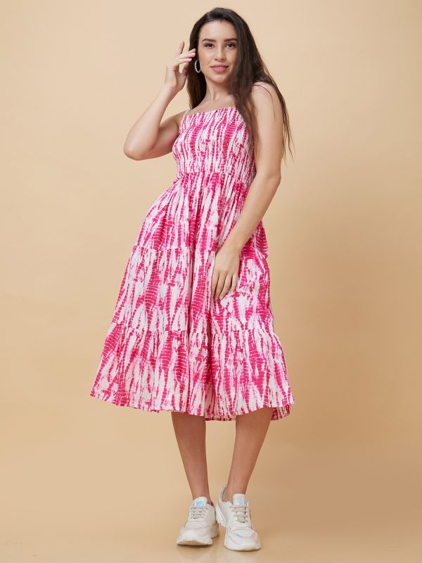 Globus Women Pink Tie-Dye Smocked Square Neck Casual Strappy Midi Fit And Flare Tiered Dress