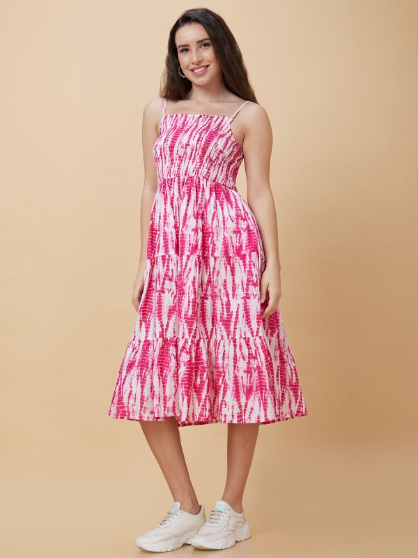 Globus Women Pink Tie-Dye Smocked Square Neck Casual Strappy Midi Fit And Flare Tiered Dress