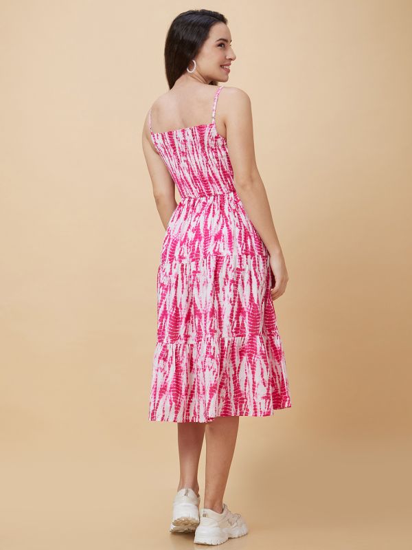Globus Women Pink Tie-Dye Smocked Square Neck Casual Strappy Midi Fit And Flare Tiered Dress