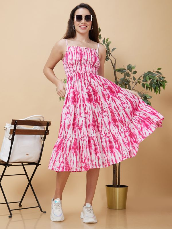 Globus Women Pink Tie-Dye Smocked Square Neck Casual Strappy Midi Fit And Flare Tiered Dress