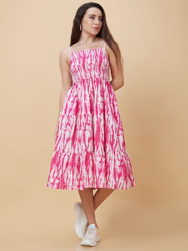 Globus Women Pink Tie-Dye Smocked Square Neck Casual Strappy Midi Fit And Flare Tiered Dress