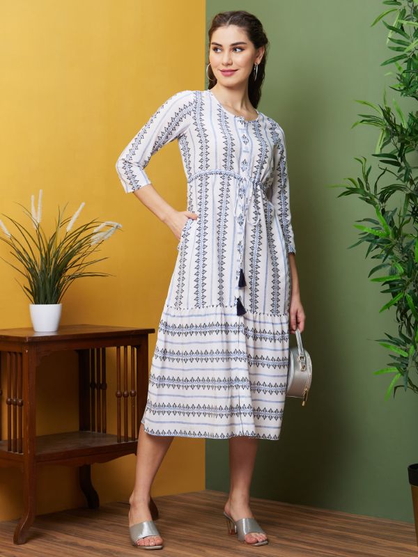 Globus Women White Geometric Printed Casual Round Neck A-Line Ethnic Dresses