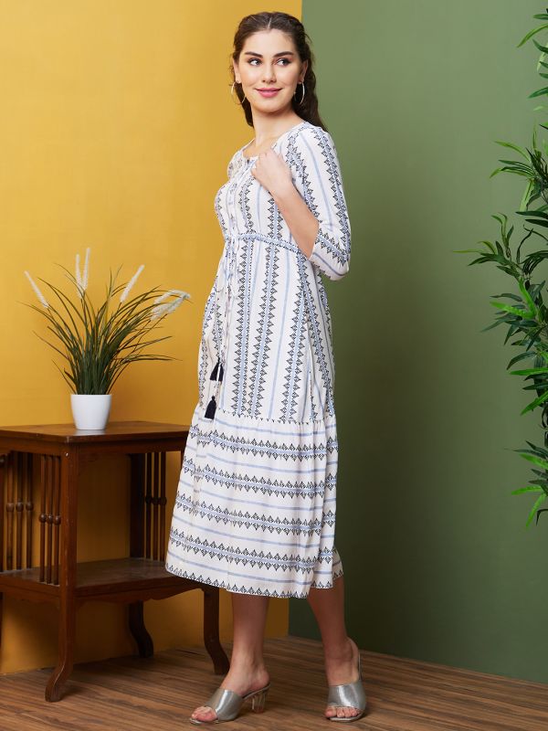 Globus Women White Geometric Printed Casual Round Neck A-Line Ethnic Dresses
