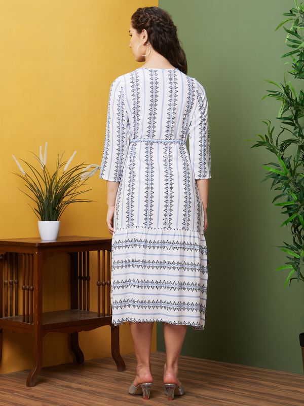 Globus Women White Geometric Printed Casual Round Neck A-Line Ethnic Dresses