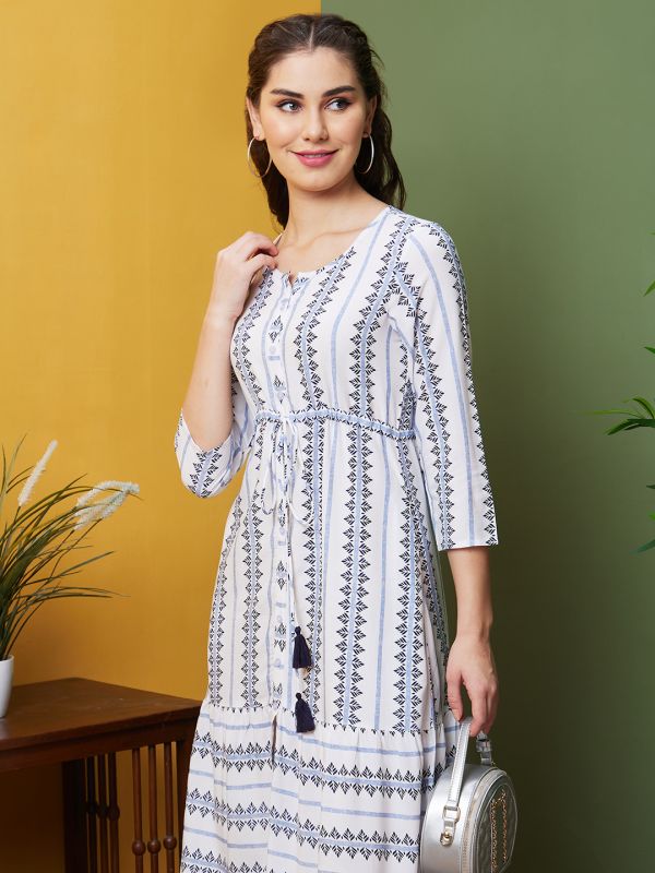Globus Women White Geometric Printed Casual Round Neck A-Line Ethnic Dresses