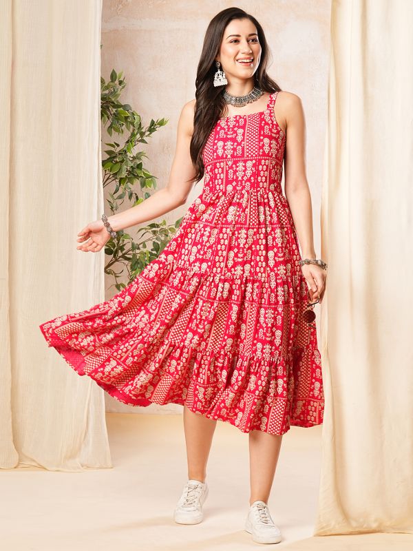 Globus Women Pink Floral Print Fit & Flare Midi Dress