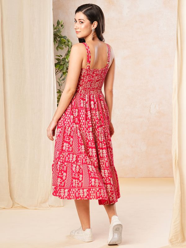 Globus Women Pink Floral Print Fit & Flare Midi Dress
