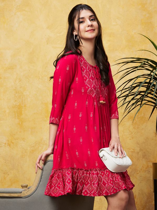 Globus Women Pink Printed Tie-Up Neck A-Line Dress