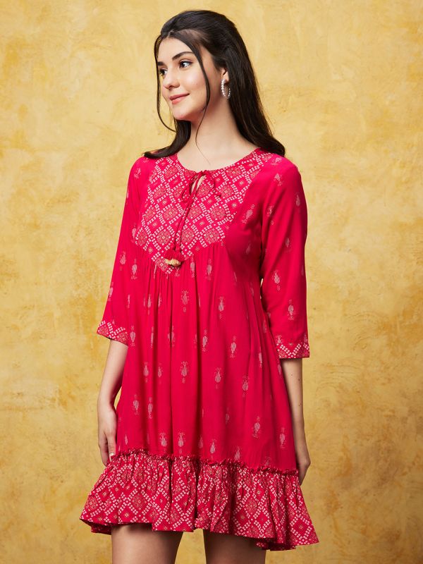 Globus Women Pink Printed Tie-Up Neck A-Line Dress