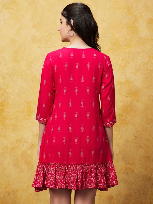 Globus Women Pink Printed Tie-Up Neck A-Line Dress