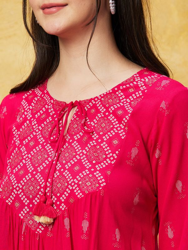 Globus Women Pink Printed Tie-Up Neck A-Line Dress