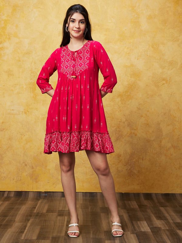 Globus Women Pink Printed Tie-Up Neck A-Line Dress