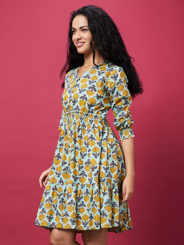 Globus Women Blue Printed Causal V-Neck A-Line Ethnic Dress