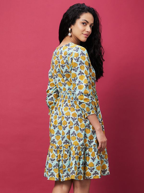 Globus Women Blue Printed Causal V-Neck A-Line Ethnic Dress
