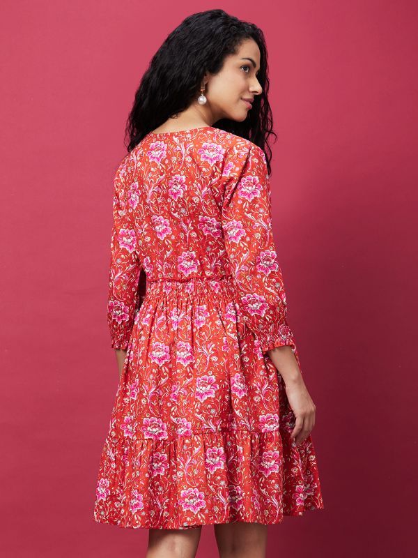 Globus Women Orange Printed Causal V-Neck A-Line Ethnic Dress
