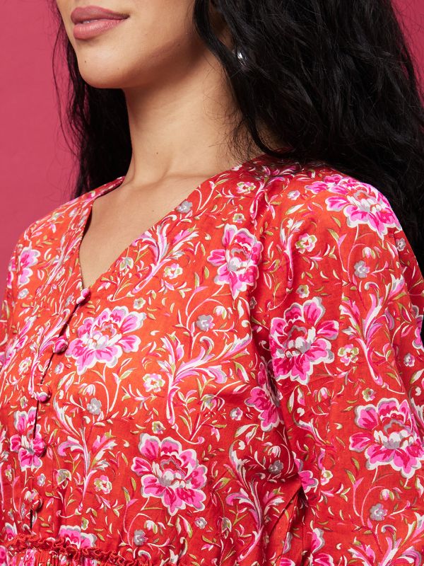 Globus Women Orange Printed Causal V-Neck A-Line Ethnic Dress