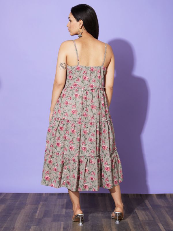 Globus Women Taupe Floral Print Shoulder Straps Cotton A-Line Casual Dress