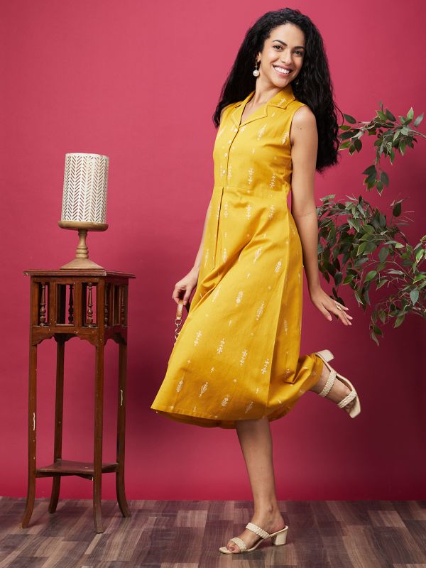 Globus Women Yellow Printed Causal Shirt Collar A-Line Ethnic Dress