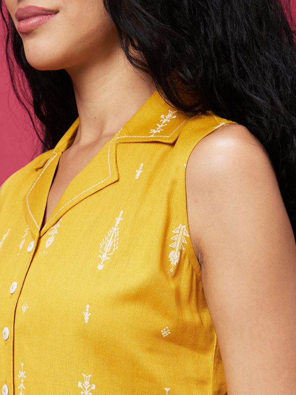 Globus Women Yellow Printed Causal Shirt Collar A-Line Ethnic Dress