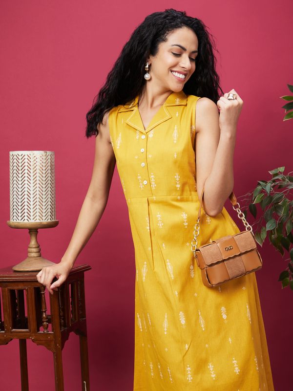 Globus Women Yellow Printed Causal Shirt Collar A-Line Ethnic Dress