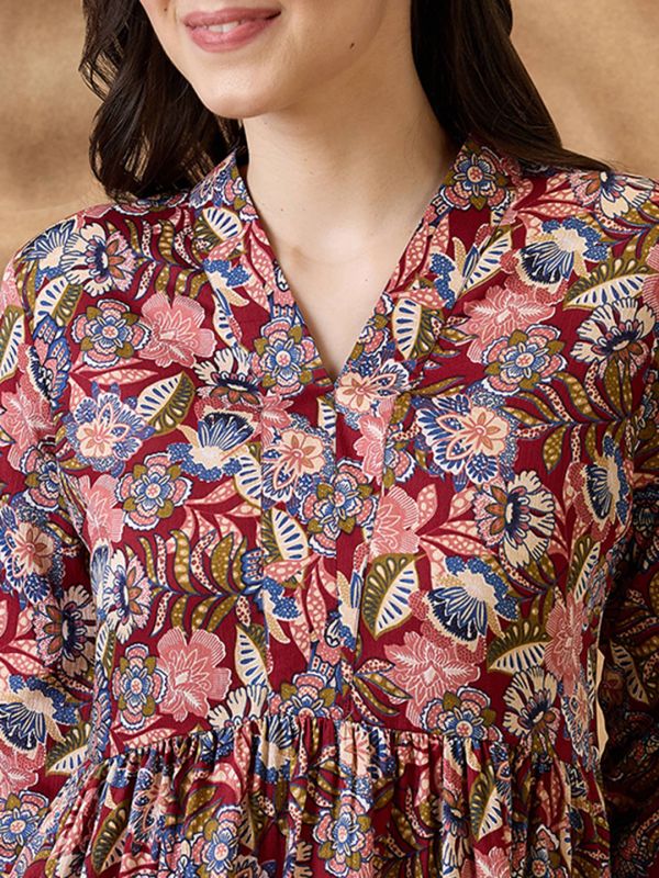 Globus Women Multi Color Floral Print V-Neck Tiered A-Line Mini Fusion Dress
