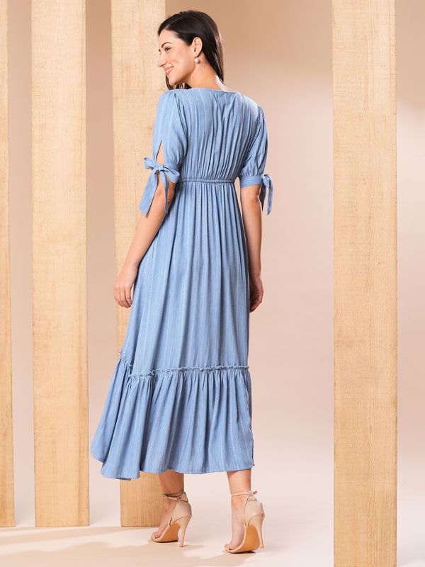Globus Women Blue V-Neck Puff sleeves High-Low Flared Hem A-Line Dress
