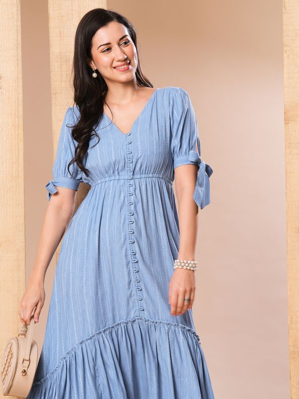 Globus Women Blue V-Neck Puff sleeves High-Low Flared Hem A-Line Dress
