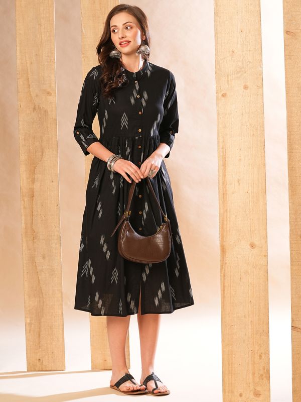 Globus Women Black Allover Printed A-Line Midi Workwear Dress