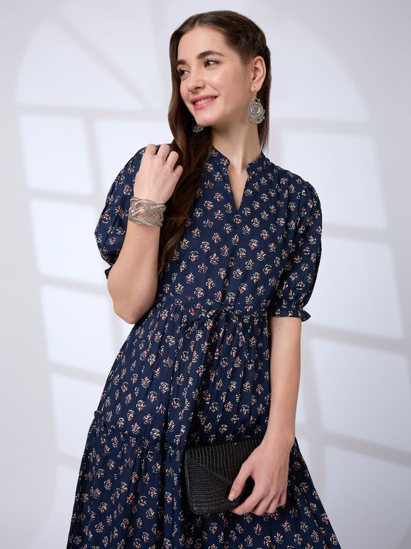 Globus Women Blue Mandarin Collar Puff Sleeves Waist Tie-Ups Tiered A-Line Work Wear Midi Dress
