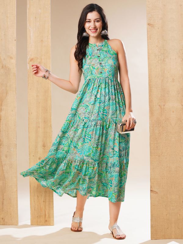 Globus Women Turquoise Mandarin Collar Allover Print Tiered Fit & Flare Fusion Maxi Dress