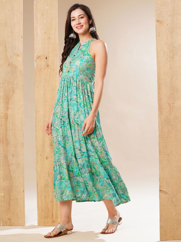 Globus Women Turquoise Mandarin Collar Allover Print Tiered Fit & Flare Fusion Maxi Dress