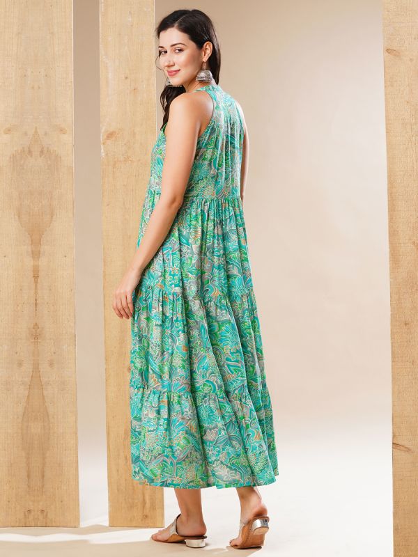 Globus Women Turquoise Mandarin Collar Allover Print Tiered Fit & Flare Fusion Maxi Dress