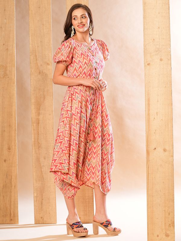 Globus Women Multi Allover Chevron Printed Hexagonal Hem Fit & Flare Fusion Midi Dress