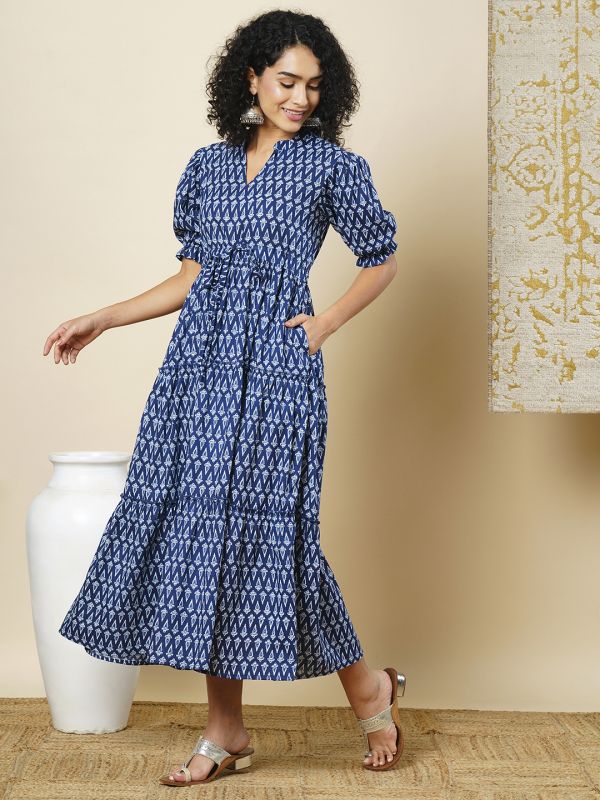 Globus Women Indigo Mandarin Collar Puff Sleeves Ethnic Motifs Tiered Fit & Flare Fusion Maxi Dress