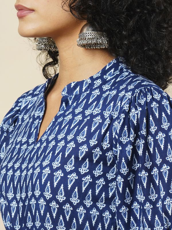 Globus Women Indigo Mandarin Collar Puff Sleeves Ethnic Motifs Tiered Fit & Flare Fusion Maxi Dress