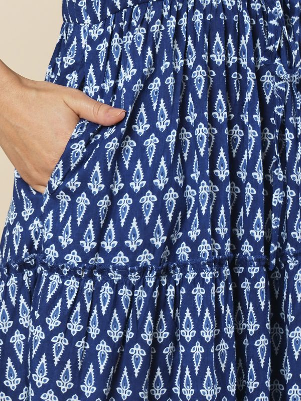 Globus Women Indigo Mandarin Collar Puff Sleeves Ethnic Motifs Tiered Fit & Flare Fusion Maxi Dress