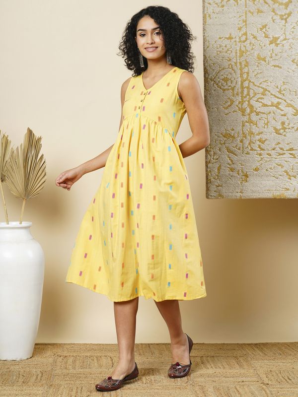 Globus Women Yellow Self Design V-Neck Gathered A-line Midi Dress
