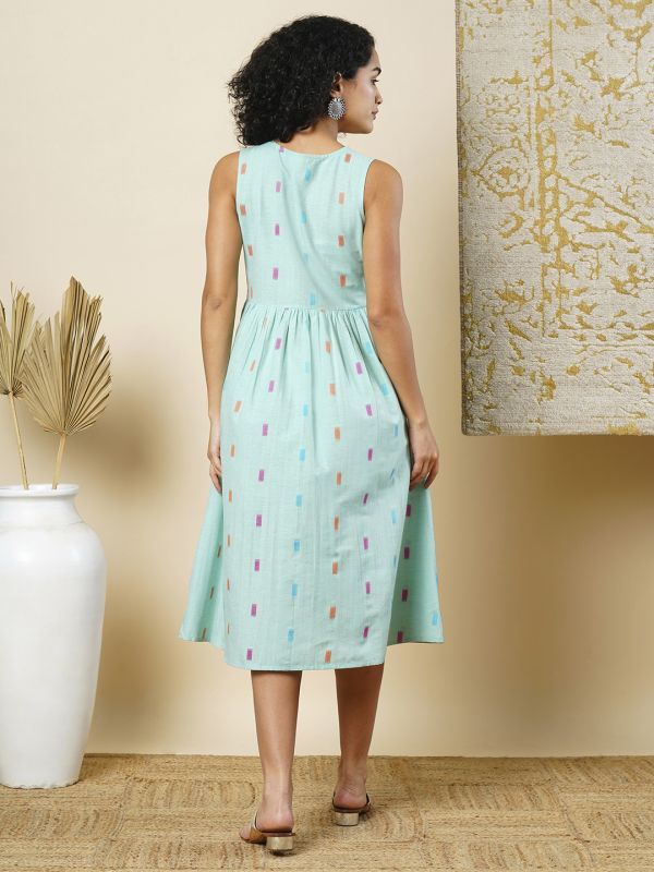 Globus Women Green Self Design V-Neck Gathered A-line Midi Dress