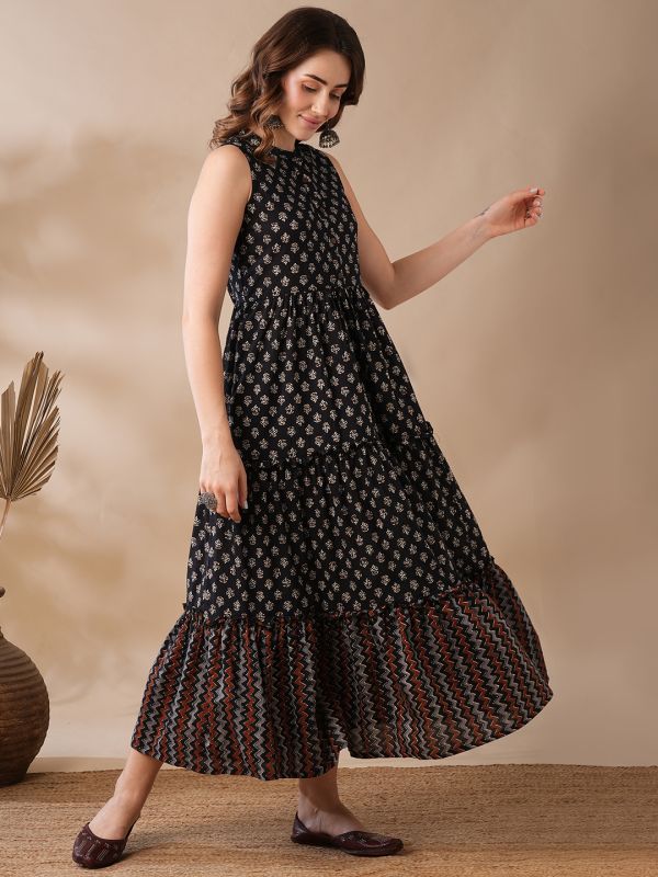 Globus Women Black Floral Block Print Mandarin Collar Tiered Fit & Flare Fusion Maxi Dress