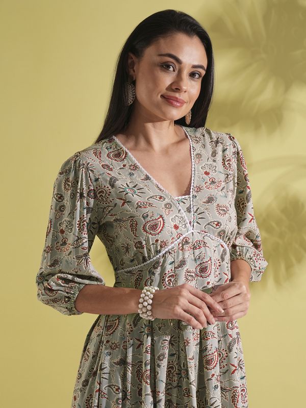 Globus Women Grey V-Neck Puff Sleeves Paisley Print Lace Insert Pleated A-Line Fusion Dress
