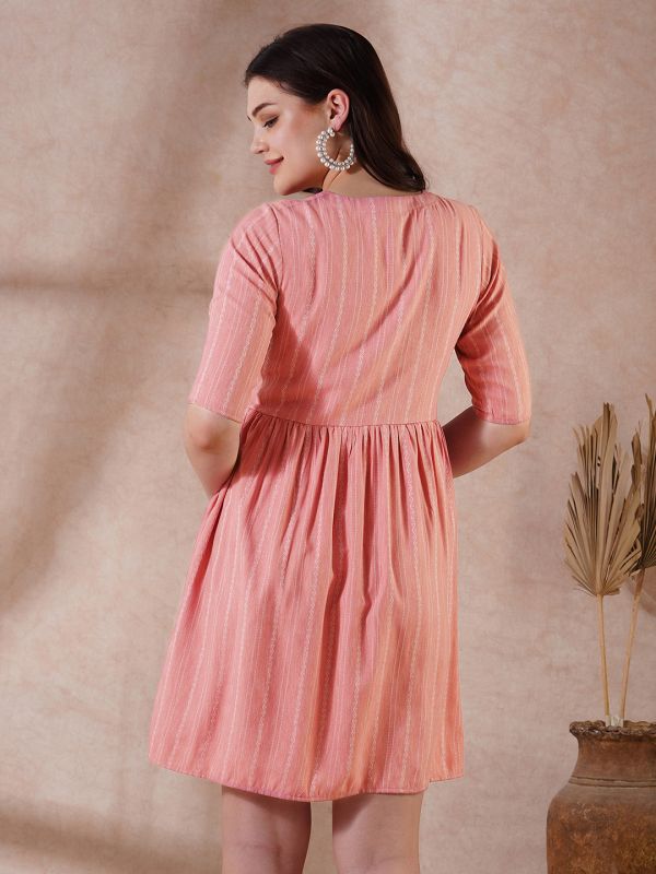 Globus Women Pink Self Design V-Neck Embroidered Detail Button Down A-Line Mini Dress