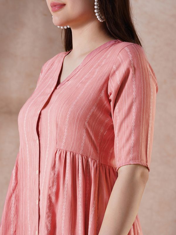 Globus Women Pink Self Design V-Neck Embroidered Detail Button Down A-Line Mini Dress